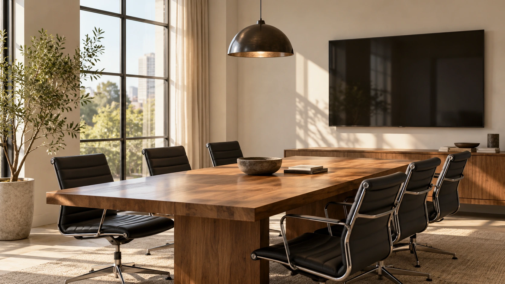 Sala de reuniones con mesa y sillas para conversar sobre un proyecto
