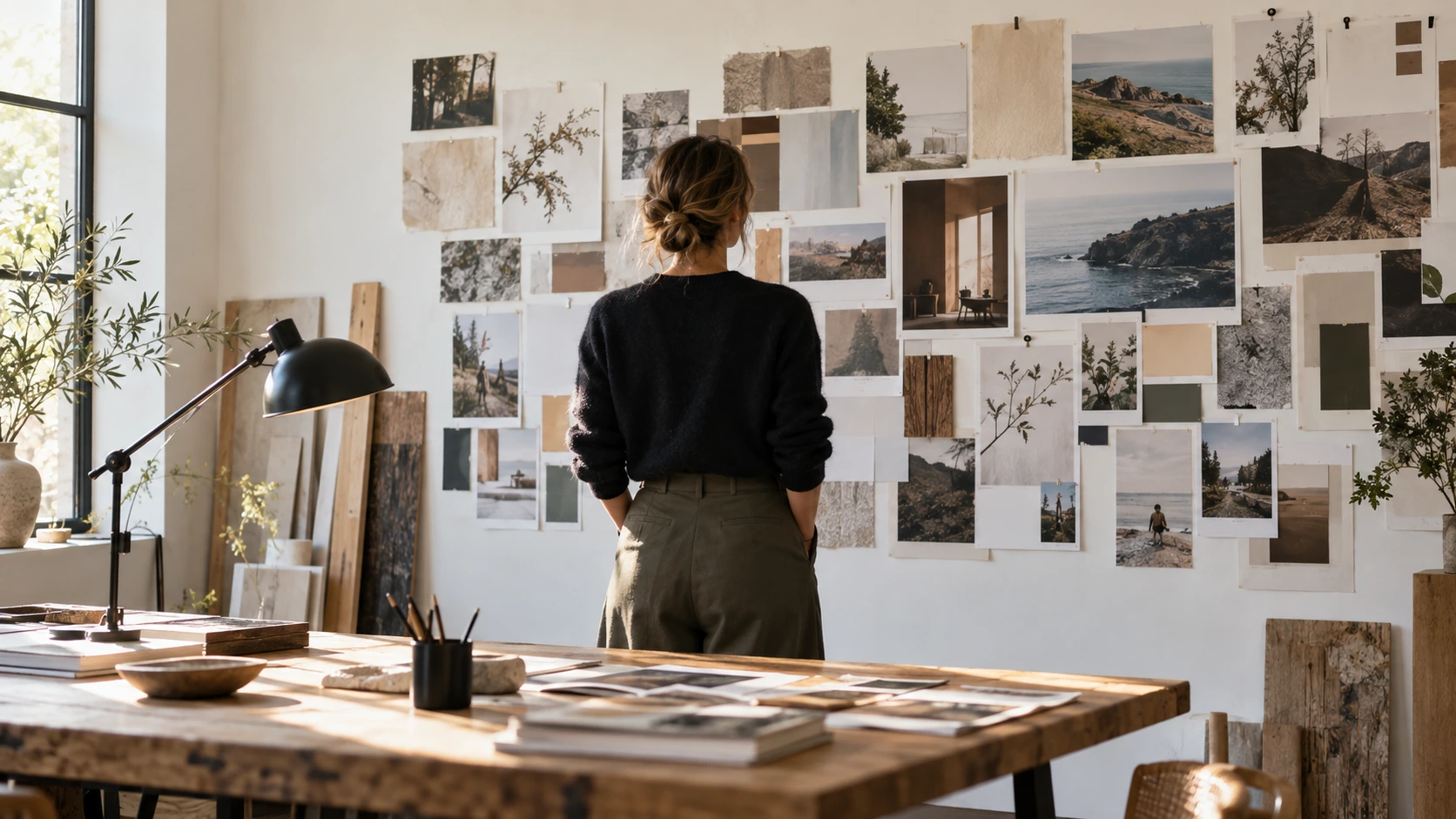 Dirección creativa frente a un tablero de ideas