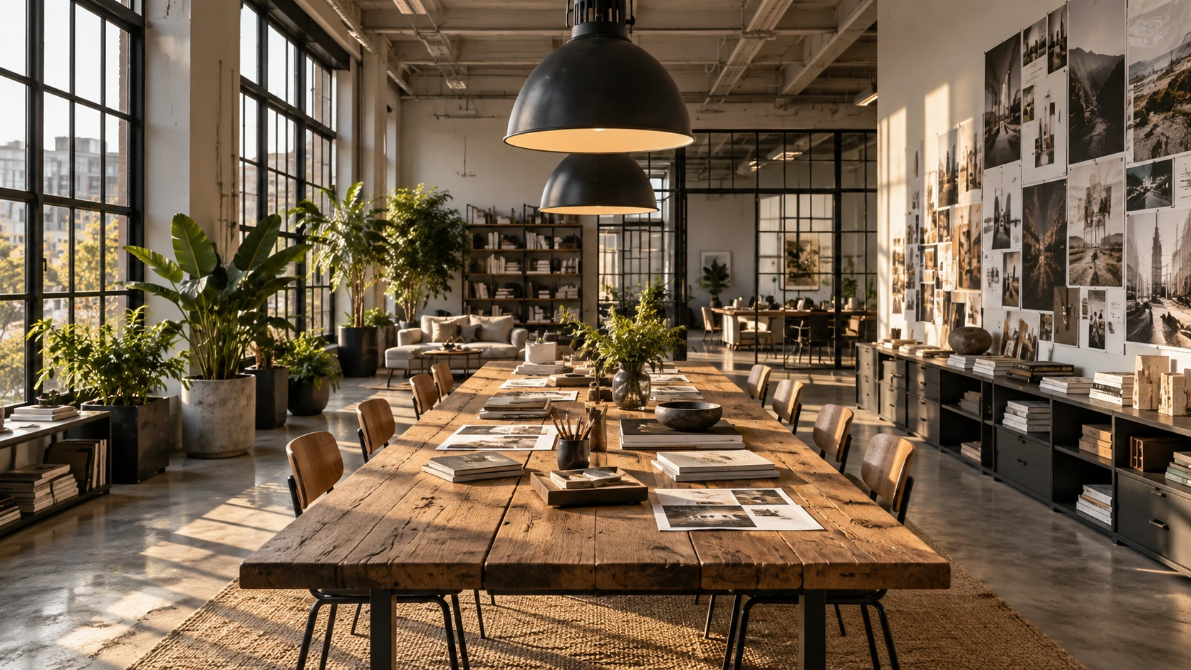 Estudio de diseño iluminado por luz natural y organizado con referencias de marca
