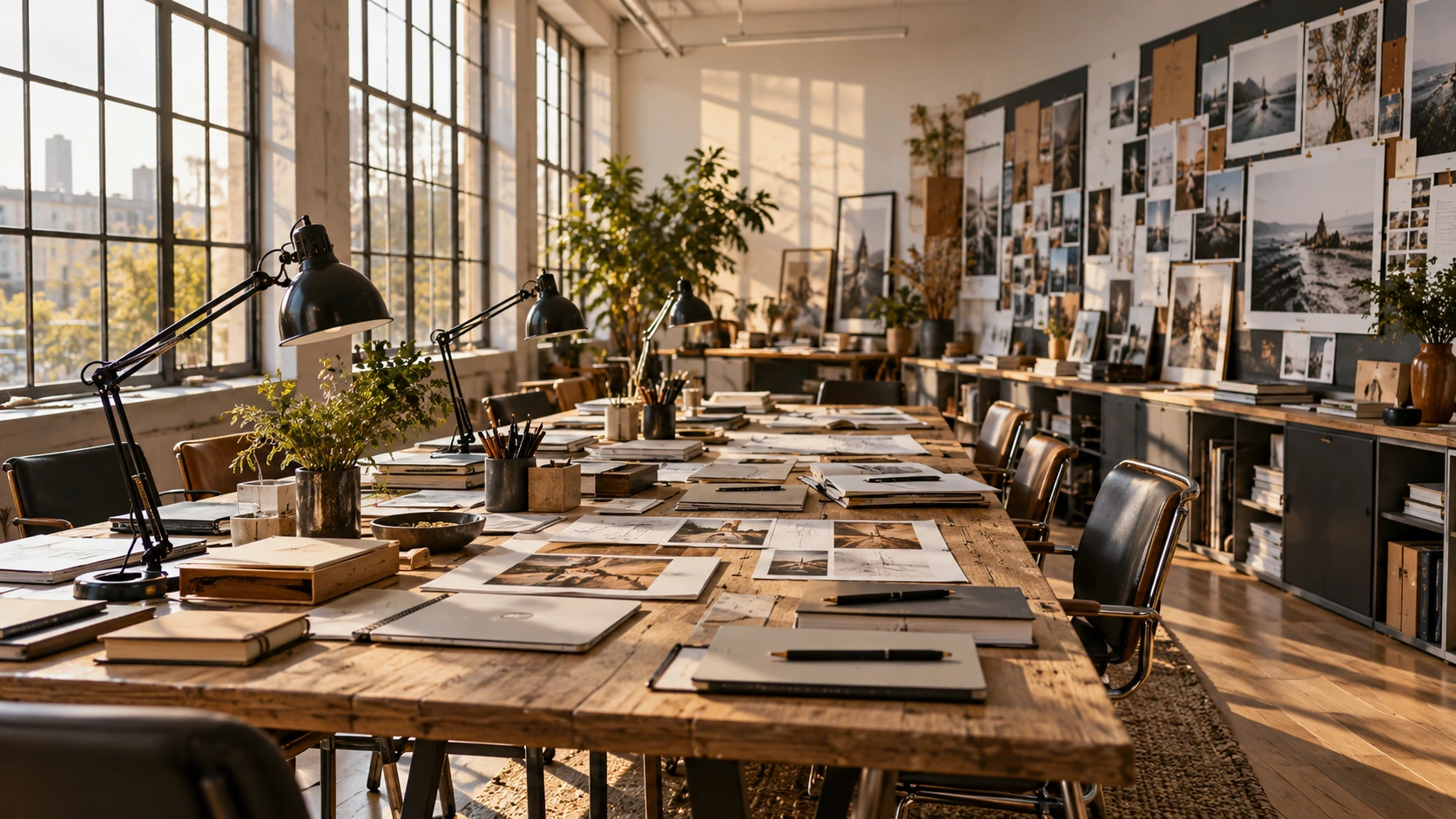 Estudio creativo con mesas de trabajo y un muro de referencias visuales